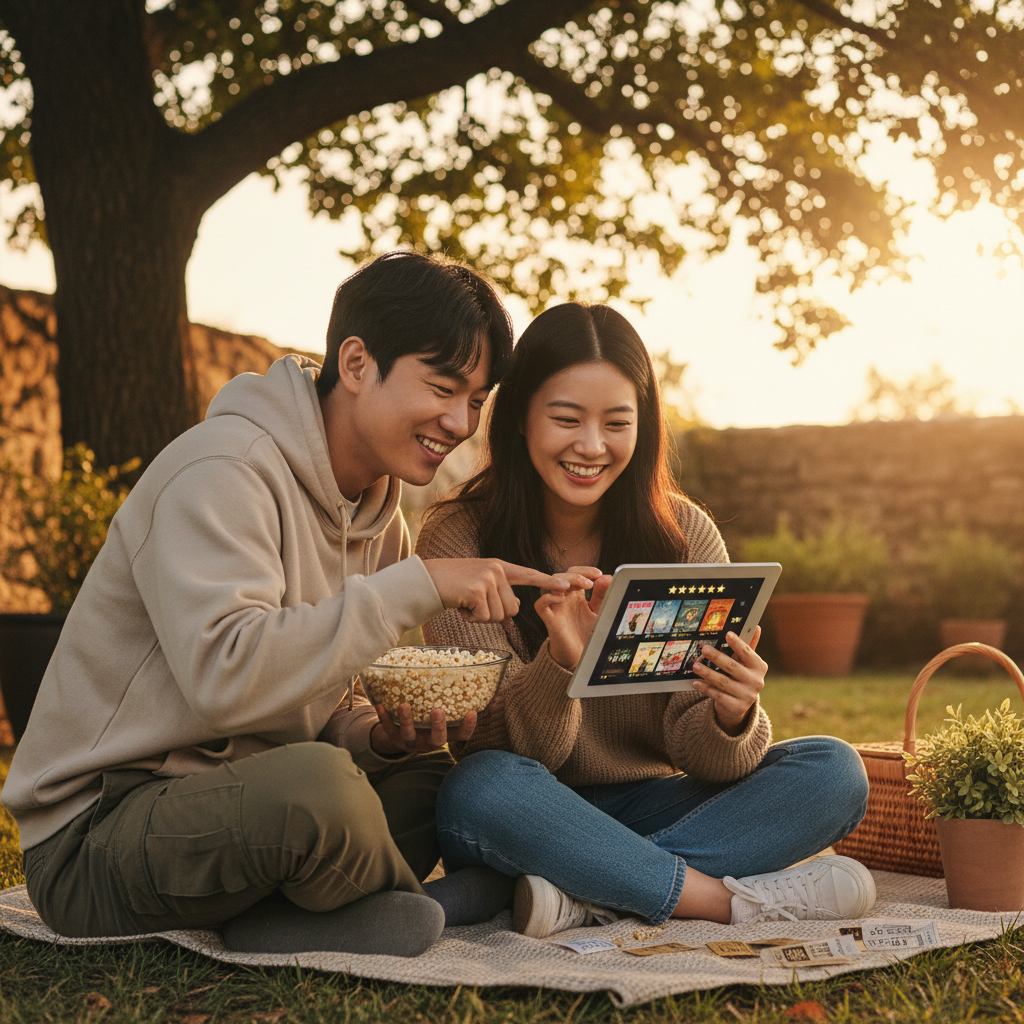 Lifestyle photography, warm lighting, natural setting, a person happily browsing movie reviews on the Letterboxd app on a tablet, with a friend looking over their shoulder, suggesting shared movie watching. Korean appearance, centered focus. No visible text.