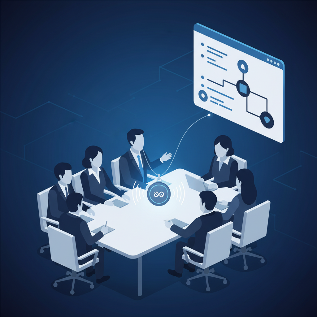 An infographic showing a Limitless AI pendant discreetly recording a business meeting with diverse Korean participants. On a screen nearby, summarized meeting notes are displayed, highlighting key takeaways. Style: clean infographic, modern layout, high contrast. No visible text.