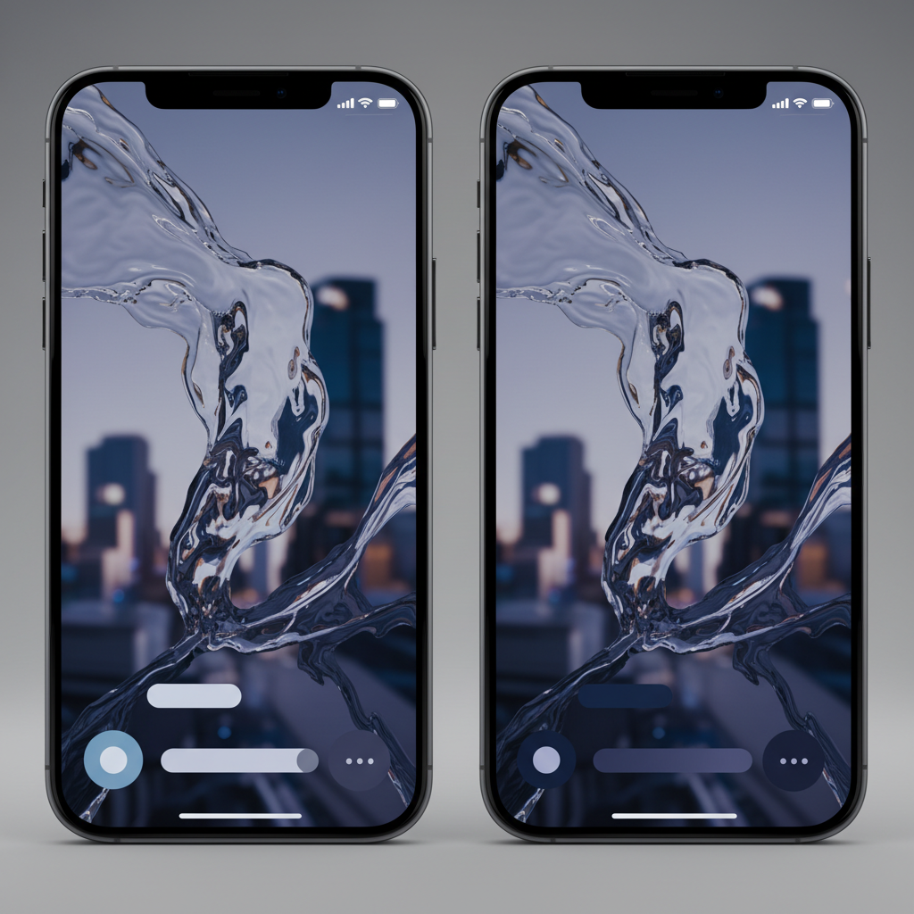 Split screen comparison showing Clear vs Tinted Liquid Glass interface modes on iPhone, clean UI design, professional photography style, no text overlay