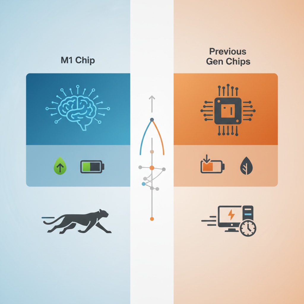 A clean infographic showing the performance comparison of Apple's M1 chip with previous generation laptop chips. Illustrations of processing power, energy efficiency, and speed are clearly visible. The overall style is modern and informative, with a focus on technological advancement. Clean infographic, no text.