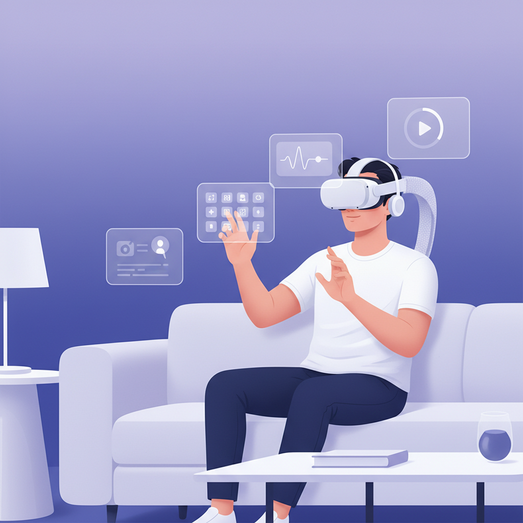 A user comfortably wearing an Apple Vision Pro M5 headset with a new Dual Knit Band in a modern, well-lit living room. They are interacting with multiple holographic windows floating in their space, showing a mix of entertainment and productivity apps. The background is a gradient of soft blues and purples. Style: clean infographic, modern layout, high contrast. No visible text in image. No Korean characters.