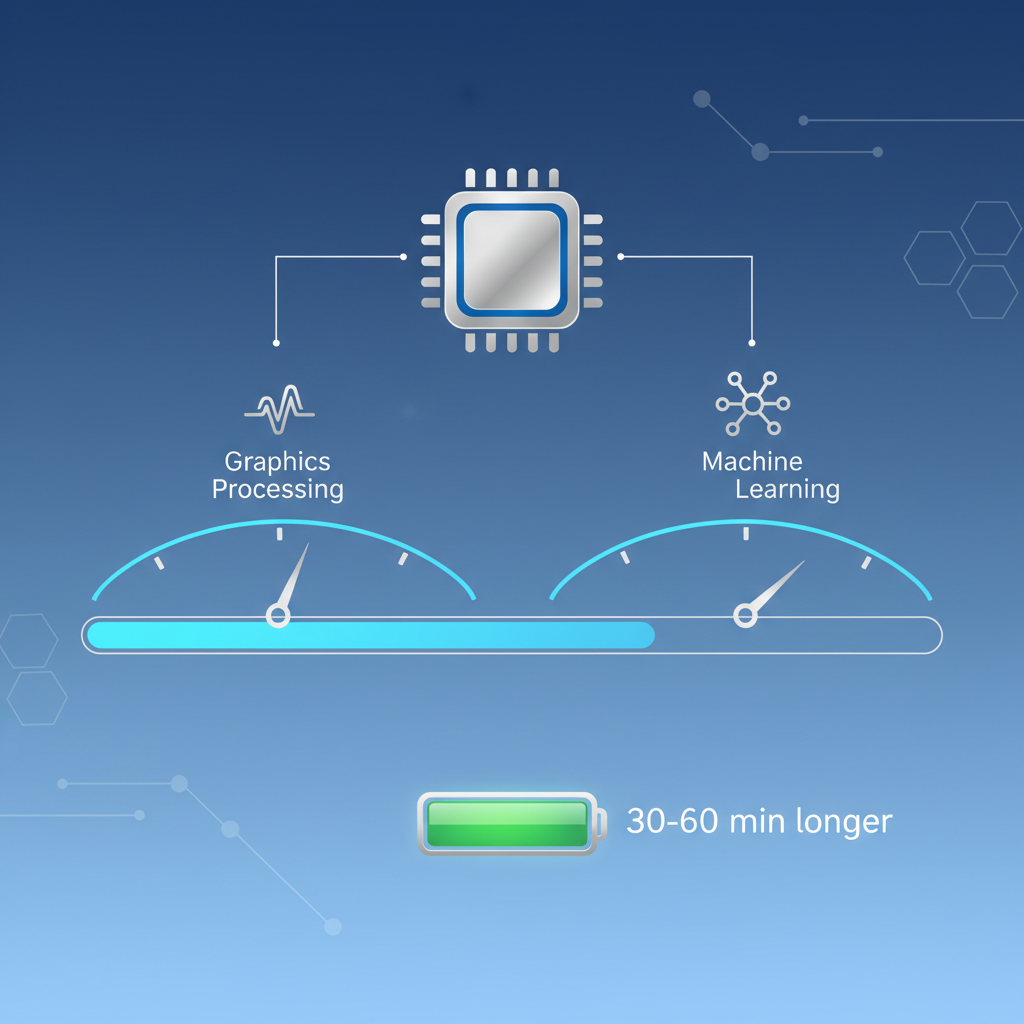 A clean infographic illustrating the performance boost of the M5 chip for Apple Vision Pro. Show a stylized chip icon connected to progress bars or speedometers for "Graphics Processing" and "Machine Learning," both indicating significant improvement. Below, a battery icon with a longer green bar and a "30-60 min longer" text. Minimal abstract UI elements. Style: clean infographic, modern layout, high contrast, blue and silver color scheme. No visible text in image. No Korean characters.