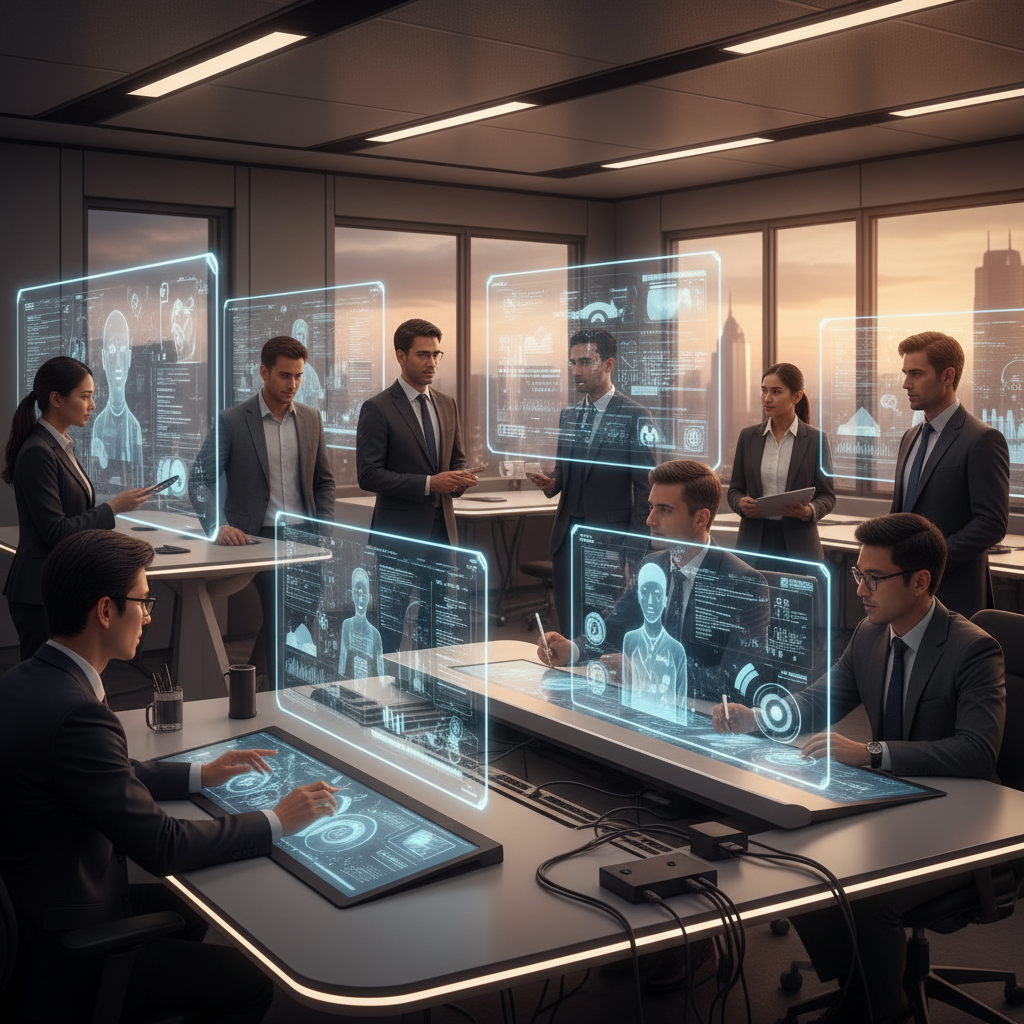 A modern tech office scene showing diverse team of engineers and researchers collaborating around holographic AI interface displays, warm lighting, professional atmosphere, Korean and international professionals working together, futuristic yet realistic setting, no text
