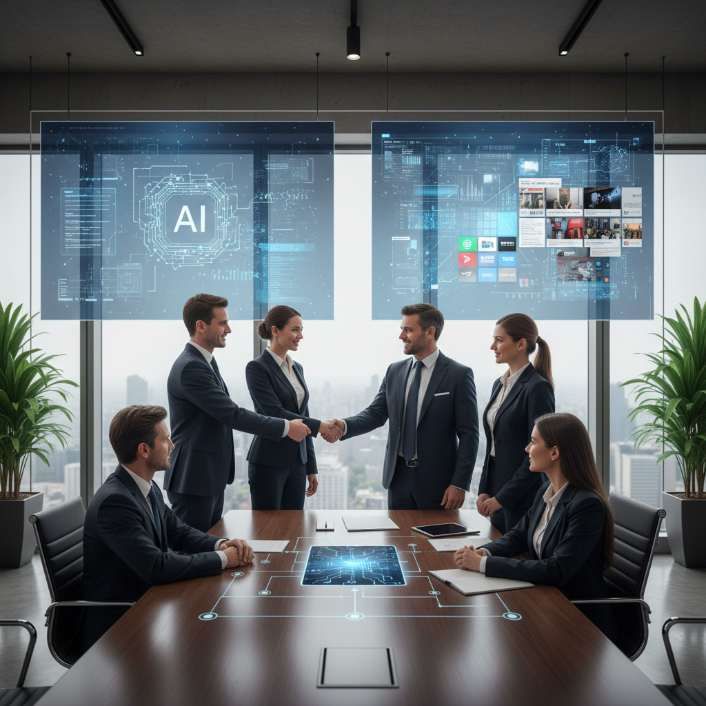 Business meeting scene showing Microsoft and media company executives shaking hands over AI licensing deal, modern corporate office setting, professional atmosphere with digital screens displaying AI and media content, natural lighting, lifestyle photography style, no text