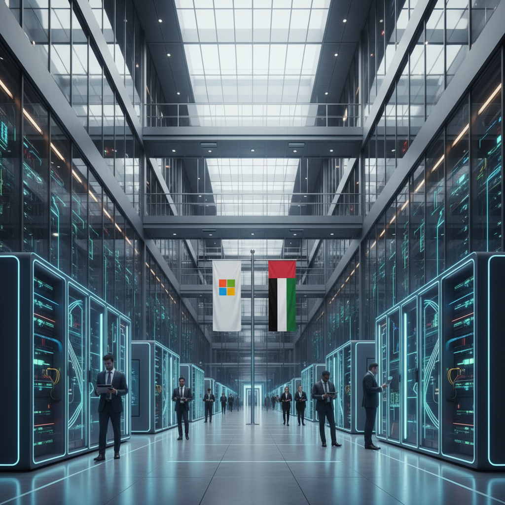 Modern AI data center facility with Microsoft and UAE flags, futuristic server infrastructure, advanced technology environment, professional corporate atmosphere, clean architectural design, natural lighting, no text