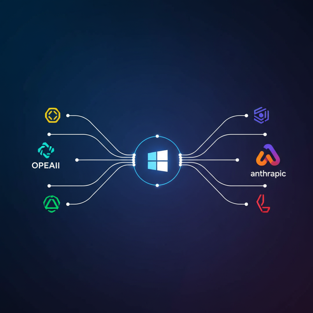clean infographic, modern layout, high contrast. A central Microsoft logo with multiple branching lines leading to different AI company logos like OpenAI and Anthropic, symbolizing strategic partnerships and diverse investments, bright, balanced lighting, no visible text.