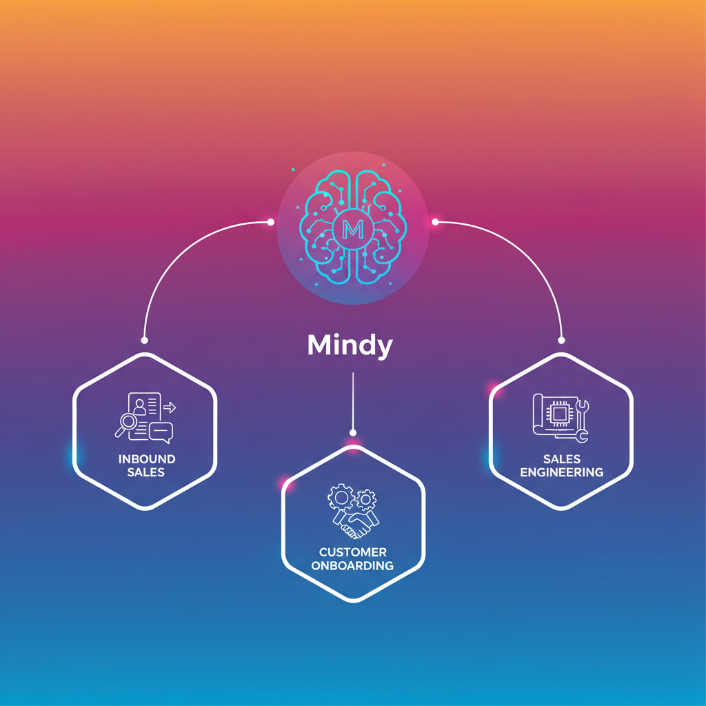 An infographic showing an AI agent, 'Mindy', interacting with various sales processes. It highlights inbound sales, customer onboarding, and sales engineering. The style is clean, modern, and high contrast, with a gradient background, no text.