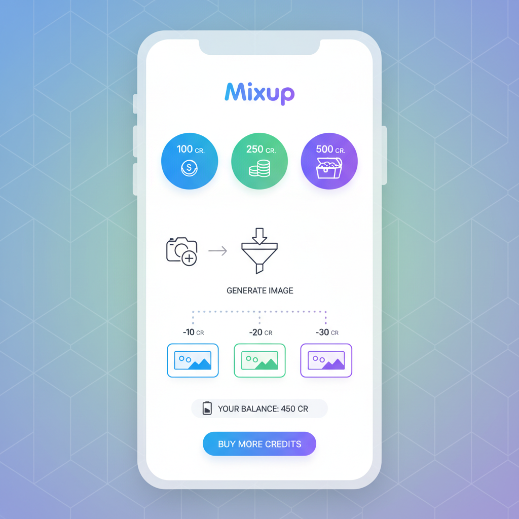 A clean infographic showing the Mixup app's credit system on a smartphone screen. It illustrates different credit tiers (100, 250, 500) and how credits are consumed for image generation. The background is a soft, geometric pattern with modern layout and high contrast. No visible text, focusing on app mechanics and pricing.