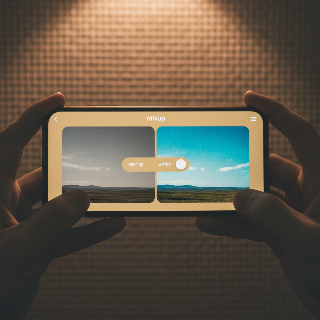 A person holding a smartphone, looking at the Mixup app interface. The screen shows a "before and after" toggle, displaying a clear comparison between an uploaded photo and its AI-generated version. The background has a subtle texture and warm lighting. No visible text, focusing on the comparison feature.