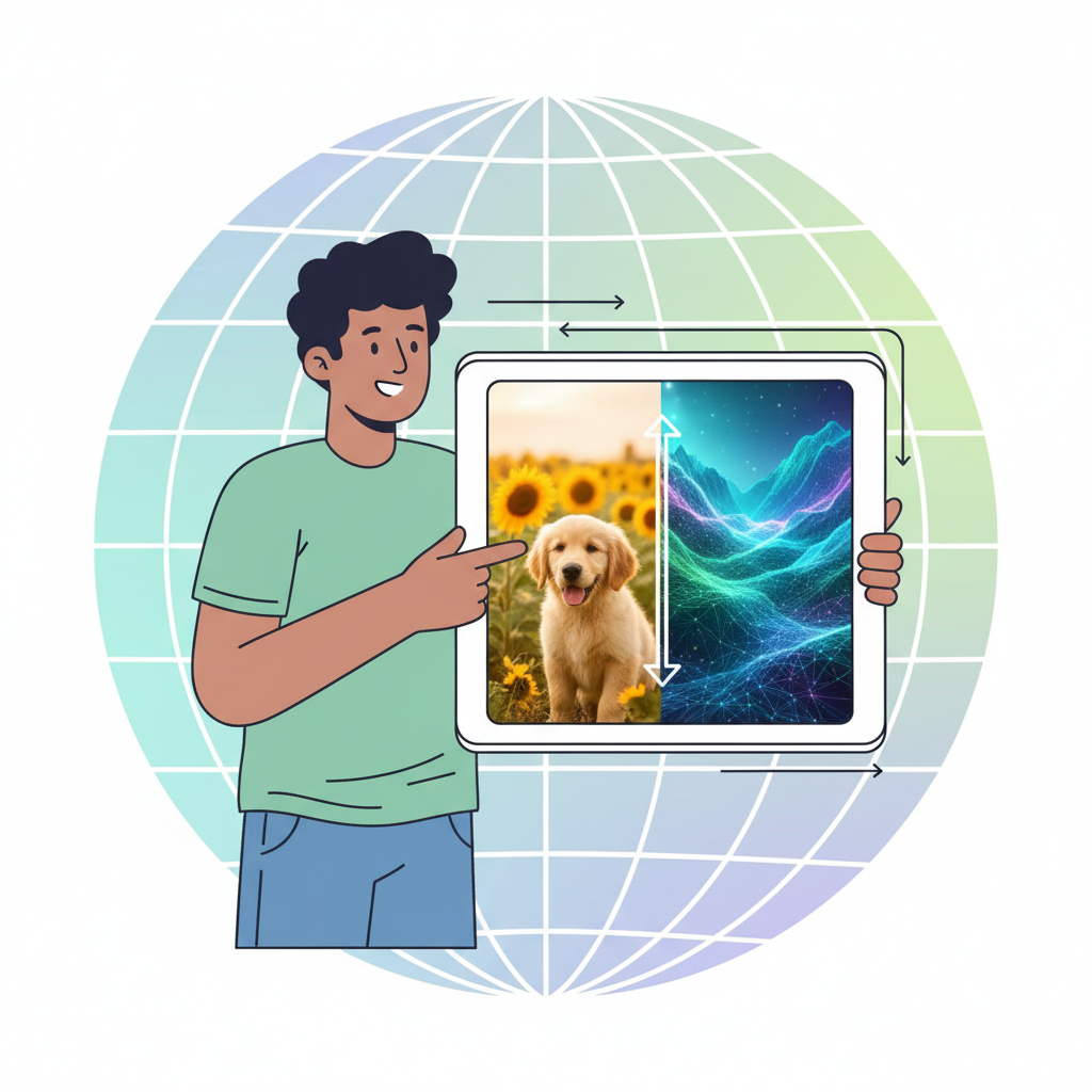 A diverse person happily interacting with a tablet, showing a split screen with a photo and a generated AI image. The style is a clean infographic with bright, balanced lighting and a subtly textured background. No visible text, focused on user engagement.