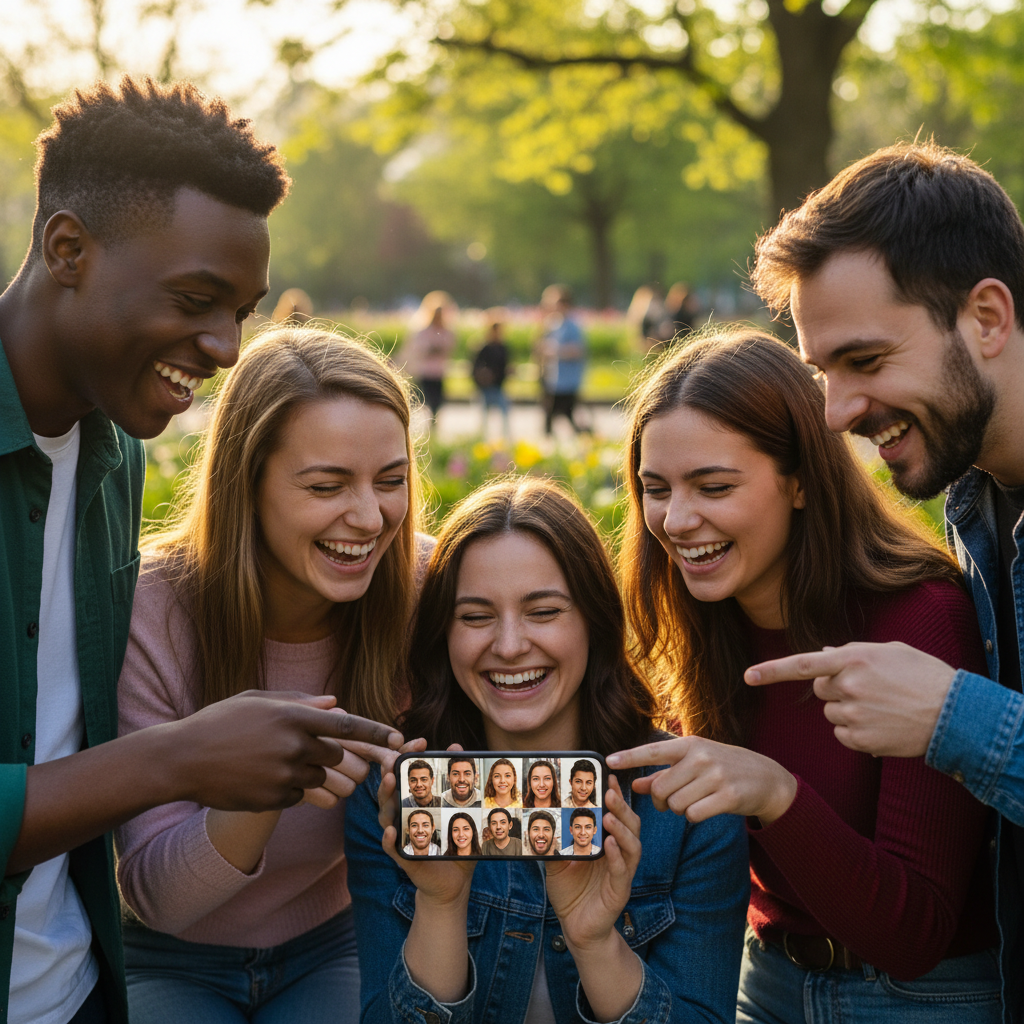 A group of diverse friends laughing and looking at a smartphone together, which displays various AI-generated "mixable" images of each other. The atmosphere is vibrant and social, with natural outdoor lighting and a blurred park background. No visible text, emphasizing shared fun and community.