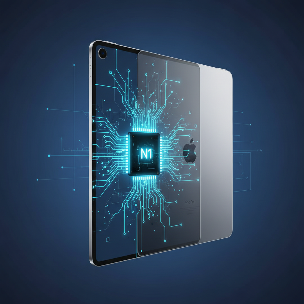 A stylized, clean infographic of an iPad Pro, partially transparent to show a glowing, futuristic Apple N1 chip integrated within its internal circuitry. The background is a soft, deep blue gradient, emphasizing technological sophistication. No text, modern layout, high contrast.