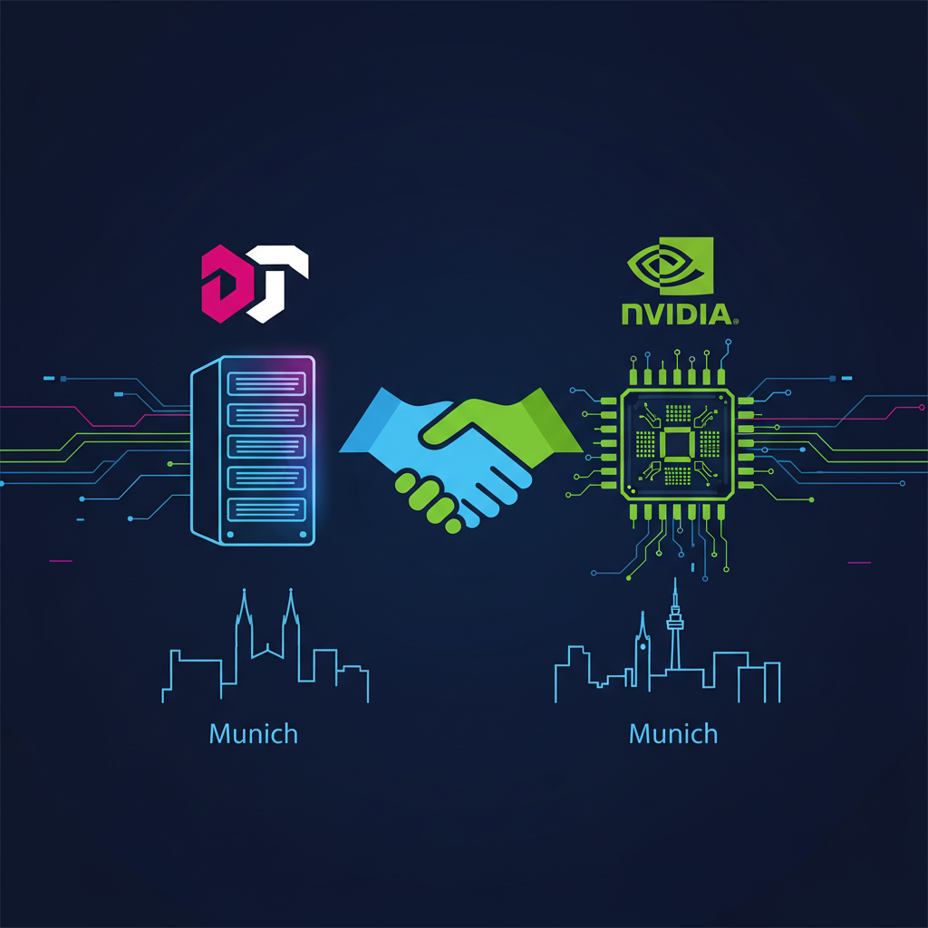 A clean infographic illustrating the partnership between Nvidia and Deutsche Telekom for an AI data center in Munich, showing a handshake icon, server racks, and AI chips. Modern, high-tech style, no text in image.