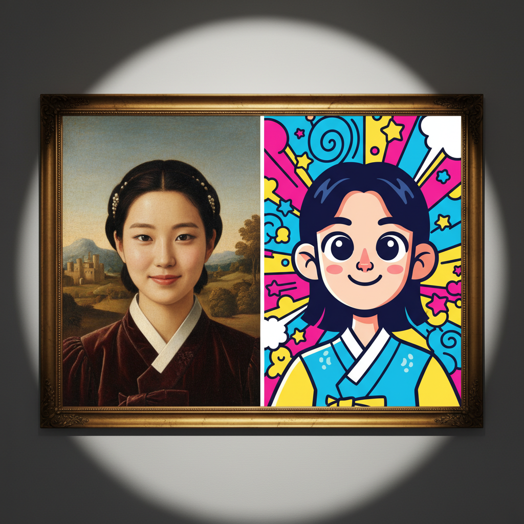 Split screen showing original photo transforming into artistic styles, Korean person portrait becoming Renaissance painting on left and cartoon illustration on right, rich textured background with artistic brush strokes, dramatic gallery lighting, creative and colorful composition, no text