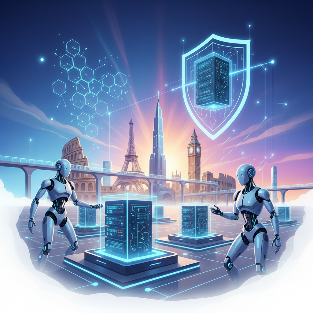 Futuristic illustration of NestAI's vision and innovative AI technology. Show advanced robotics, secure AI systems, and a European cityscape in the background, symbolizing technological leadership. Clean, modern, gradient background, bright lighting. No text.