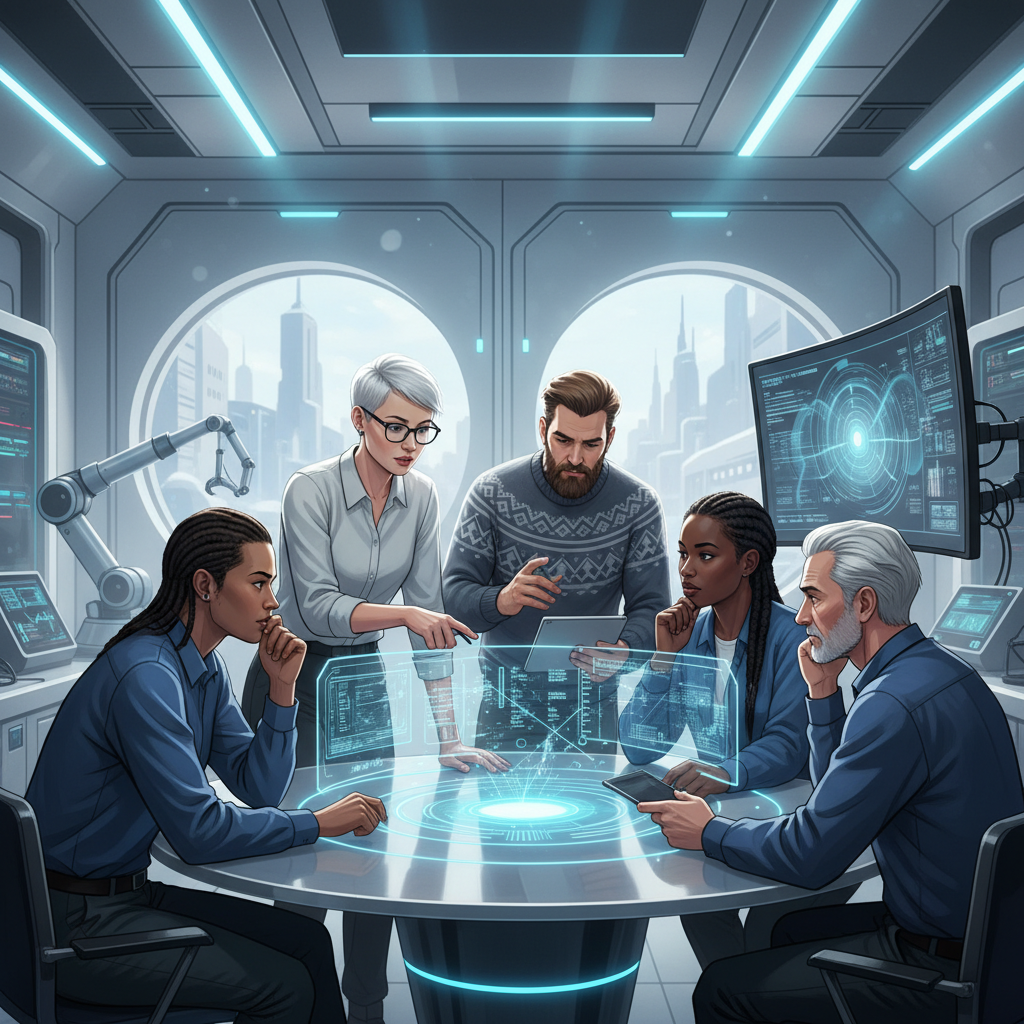 Portrait-style illustration of diverse tech professionals collaborating in a modern AI lab setting. Emphasize teamwork, innovation, and serious focus on advanced technology. People should appear to be Finnish. Clean, modern, colored background, bright lighting. No text.