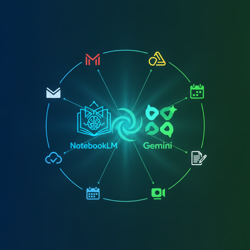 clean infographic, modern layout, high contrast. Two distinct, glowing icons representing NotebookLM and Gemini, seamlessly merging in the center with lines connecting to other Workspace app icons like Gmail and Drive. Deep blue and green gradient background, no text.