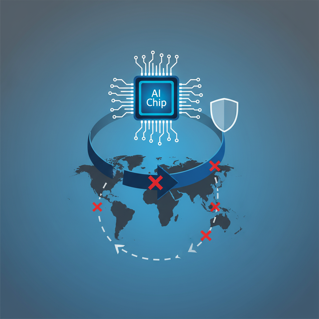 Clean infographic, modern layout, high contrast. Depicting a circuit board with "AI Chip" labeled, being clandestinely moved across a border or a map with arrows from US to China. Emphasize the concept of restricted technology transfer. Bright, balanced lighting, blue and gray gradient background. No visible text on the image.