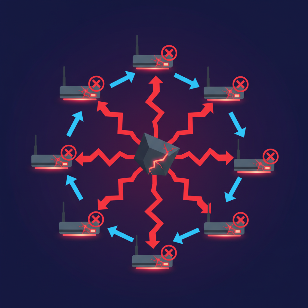 Clean infographic illustrating an "Operational Relay Box (ORB) network" concept, showing multiple compromised routers acting as relays for a central malicious entity. Abstract, high contrast, modern layout, colored background. No visible text. Style: clean infographic, modern layout, high contrast
