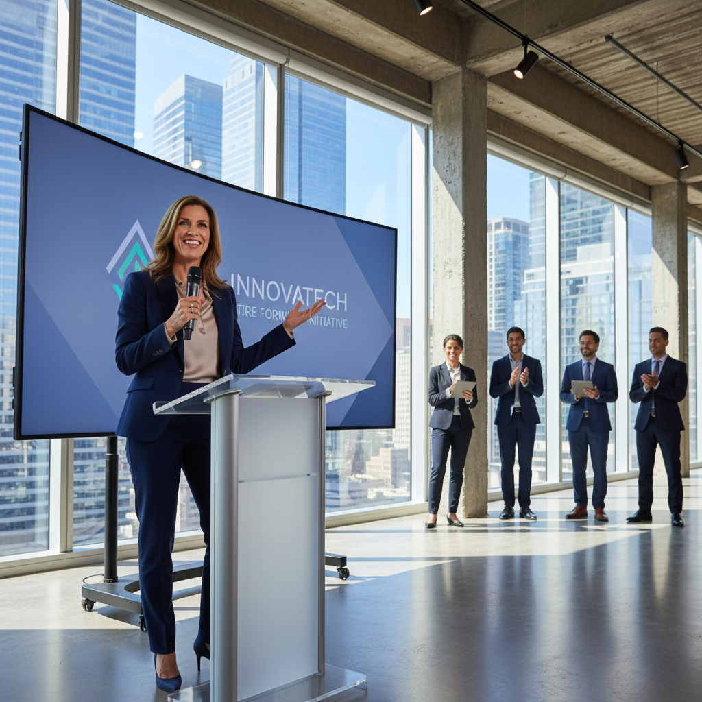 Professional tech CEO making an announcement in modern office setting, confident expression, business attire, large windows with city view in background, natural daylight, corporate atmosphere, realistic photography style