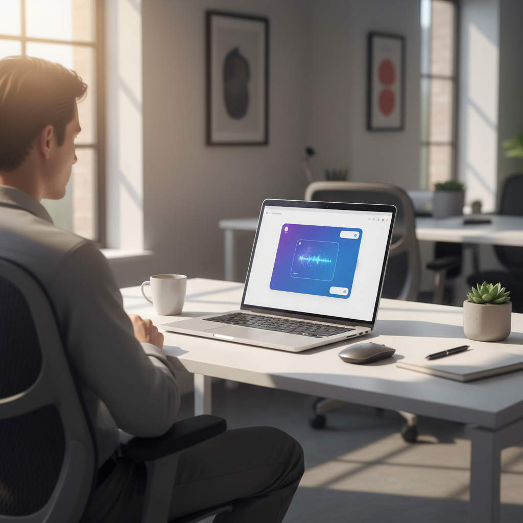 Modern office workspace with professional using AI chatbot interface on laptop screen, warm natural lighting from window, coffee cup nearby, clean minimalist desk setup, lifestyle photography, realistic scene showing digital transformation, no visible text on screen, contemporary work environment