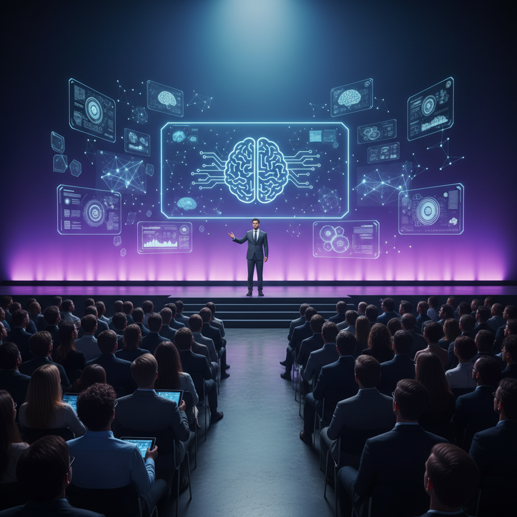 Modern tech conference scene showing AI announcement with vibrant blue and purple gradient background, digital interface elements floating in space, futuristic atmosphere with soft glowing lights, wide angle composition, professional photography style, warm ambient lighting, no text in image