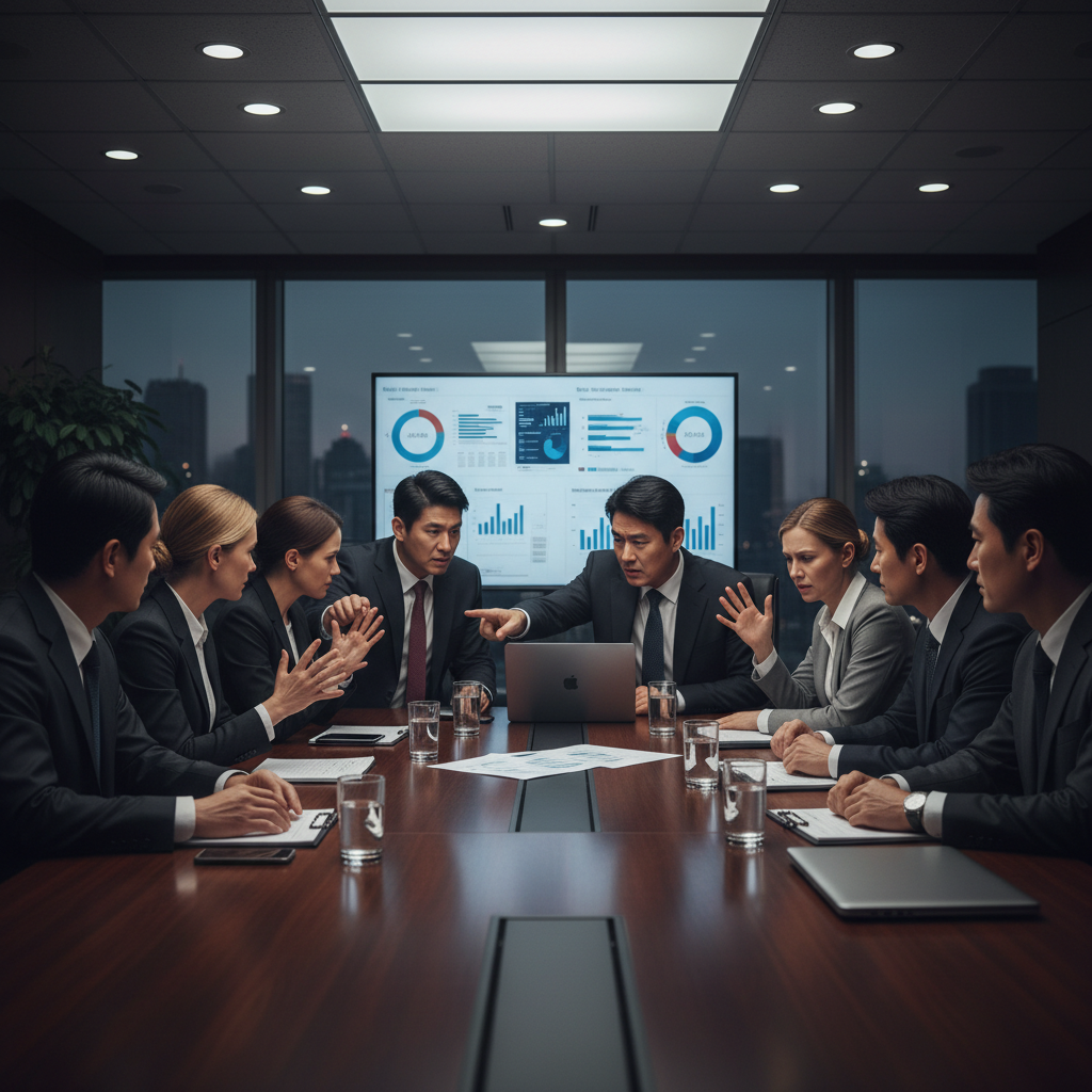 A tense and serious atmosphere inside a modern corporate boardroom. Several people, including some Korean individuals, are seated around a large table, engaged in a heated discussion. Emphasize the emotional intensity and formal setting, with muted lighting and a focus on facial expressions. Style: realistic corporate photography. No text in image.