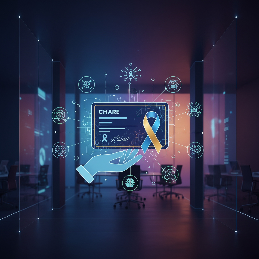 clean infographic, modern layout, high contrast, showing a hand holding a stylized share certificate with a charity ribbon, surrounded by AI-related icons like neural networks and data, in a futuristic office setting with a colored gradient background, no text, bright balanced lighting, centered focus, visually rich