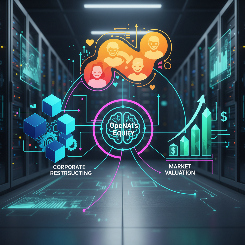 clean infographic, modern layout, high contrast, illustrating factors like corporate restructuring, employee satisfaction, and market valuation impacting OpenAI's equity with interconnected visual elements, in a sophisticated tech environment, no text, bright balanced lighting, centered focus, visually rich