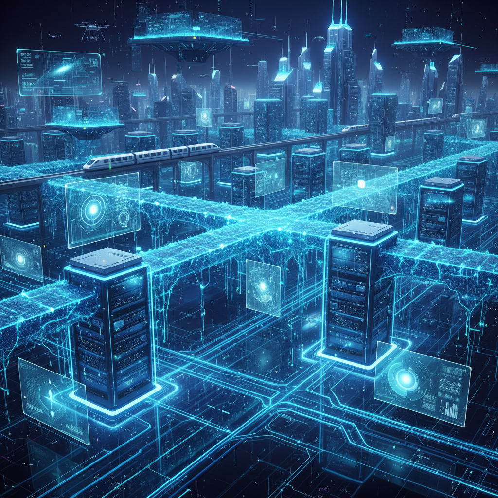 A futuristic scene showing AI technology infrastructure with glowing neural network patterns, data centers, and holographic displays, vibrant electric blue and neon green colors, high-tech atmosphere, rich detailed background, modern digital art style, no text