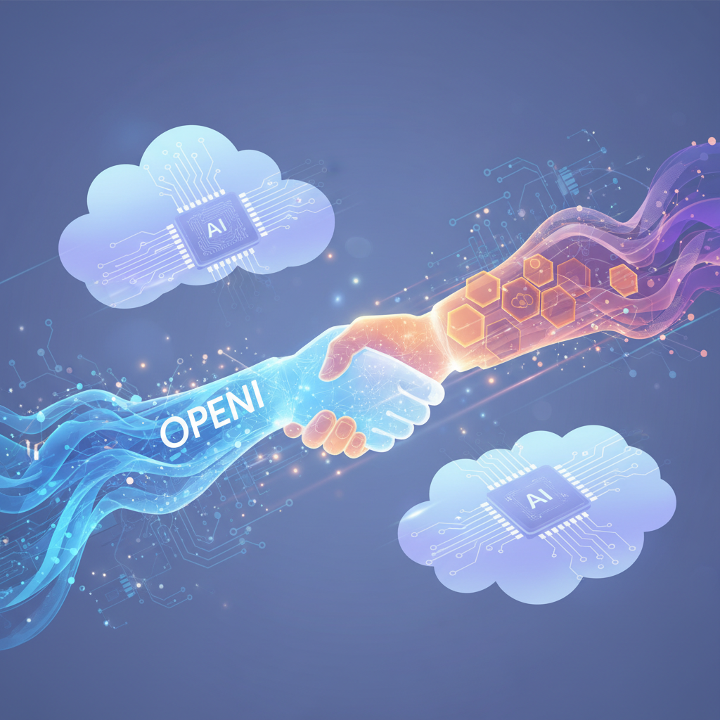A futuristic clean infographic showing a handshake between two abstract entities representing OpenAI and AWS, with data clouds and AI chip designs in the background. The mood is innovative and collaborative. No text in image.