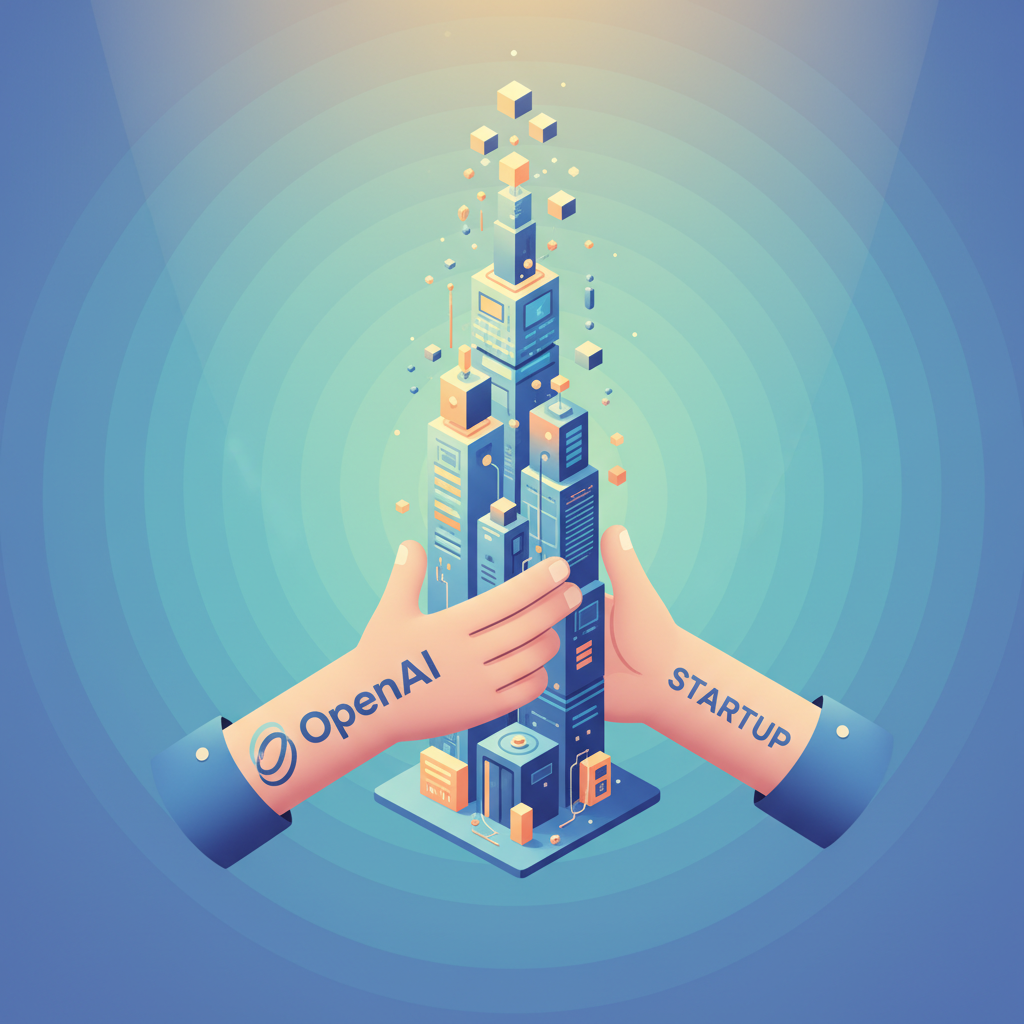 A vibrant illustration depicting two hands, one labeled 'OpenAI' and the other 'Startup', shaking hands or working together to build a towering structure composed of digital blocks. The background is a bright, dynamic gradient, symbolizing partnership and growth. Bright, balanced lighting, no text.
