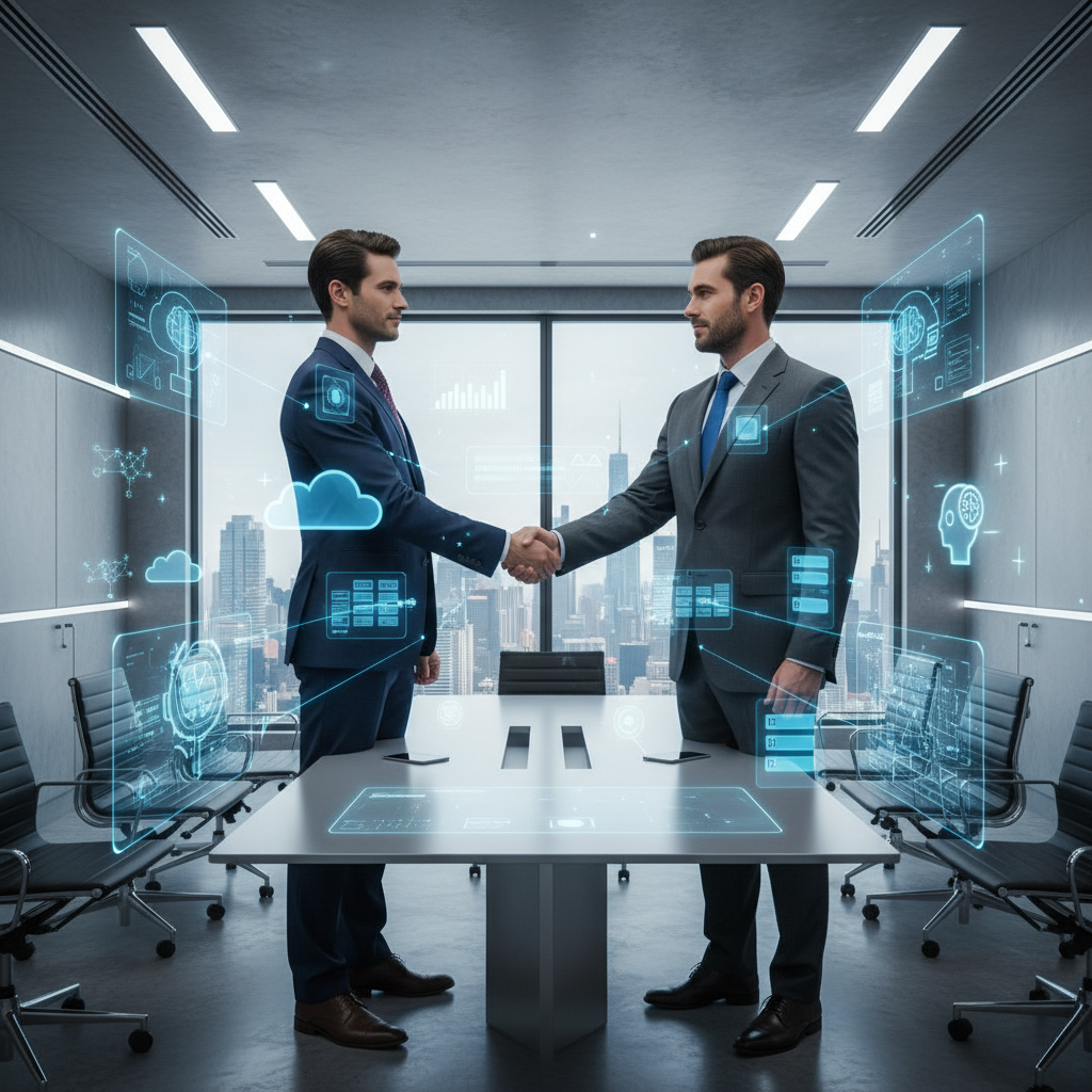A modern corporate handshake between tech executives in a sleek conference room, with holographic displays showing cloud computing networks and AI technology symbols floating around them. Professional business atmosphere with futuristic elements, clean lighting, no text.