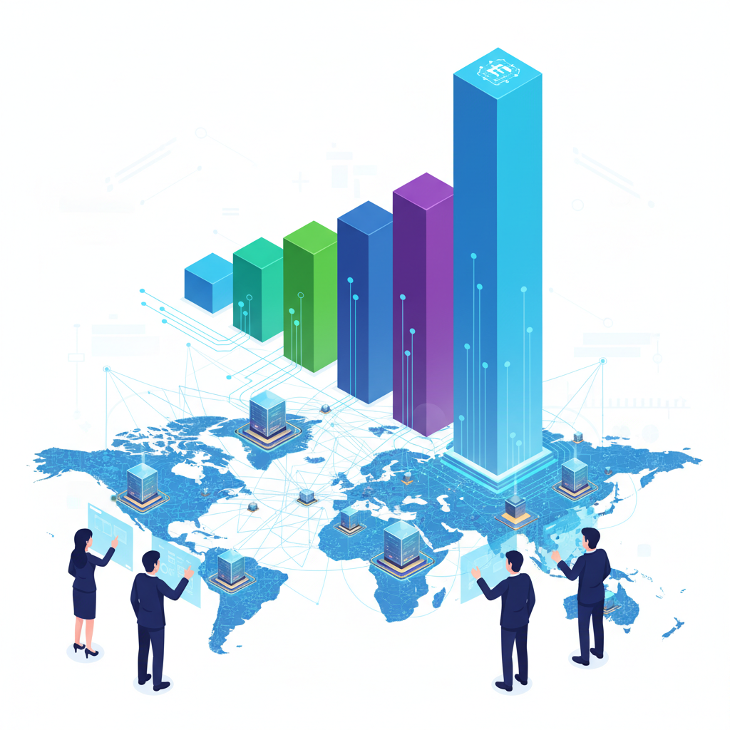 A vibrant infographic showing a massive investment in AI infrastructure, with a rising bar graph indicating trillions of dollars and a network of interconnected global data centers glowing with AI activity. Style: clean infographic. No text. Korean people.