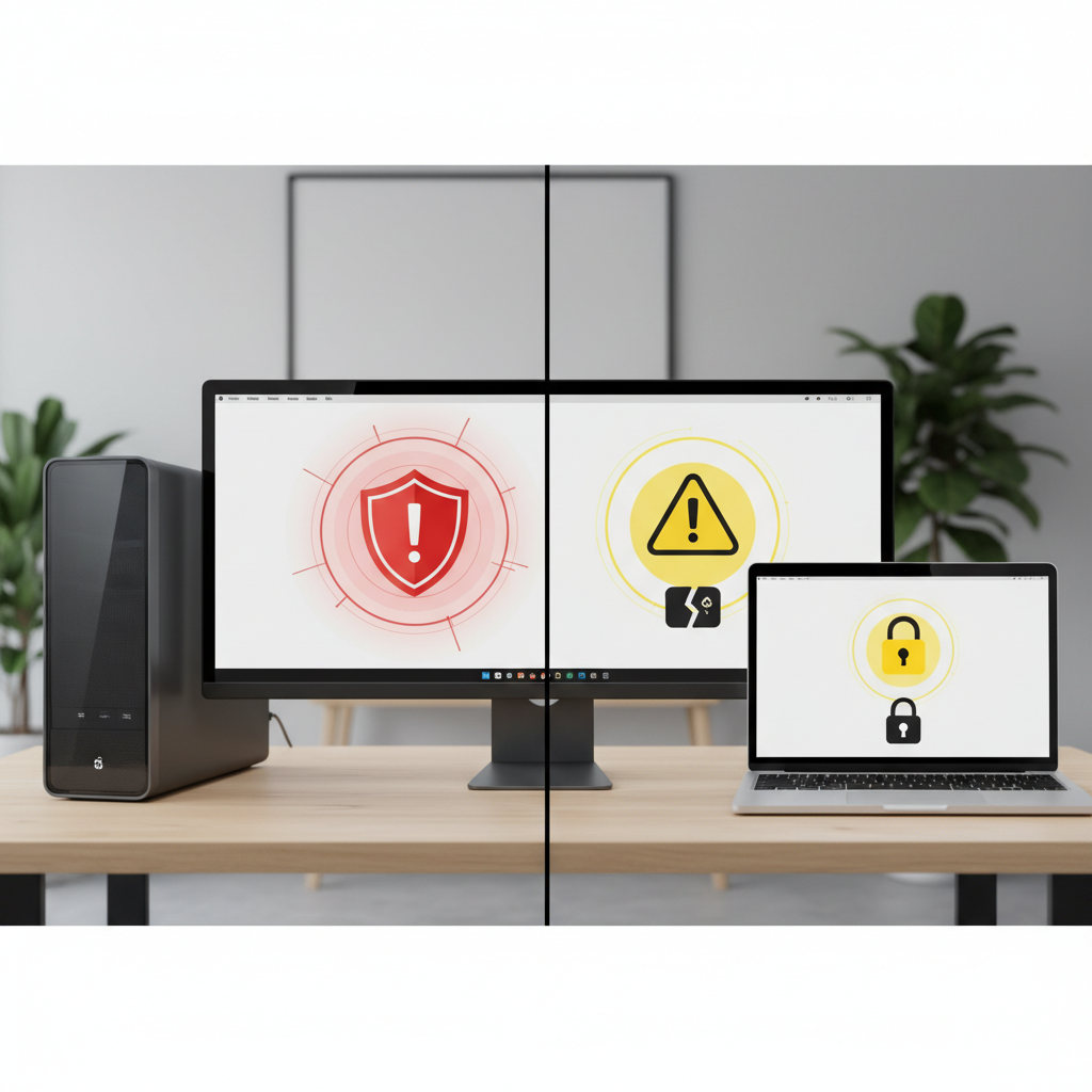 A split image or a dual-screen setup showing a Windows PC and a MacBook side by side, both displaying alert messages or security warning icons. The background is a clean, modern desk. Style: clean infographic, high contrast, modern layout. No visible text on screens, only generic security icons.