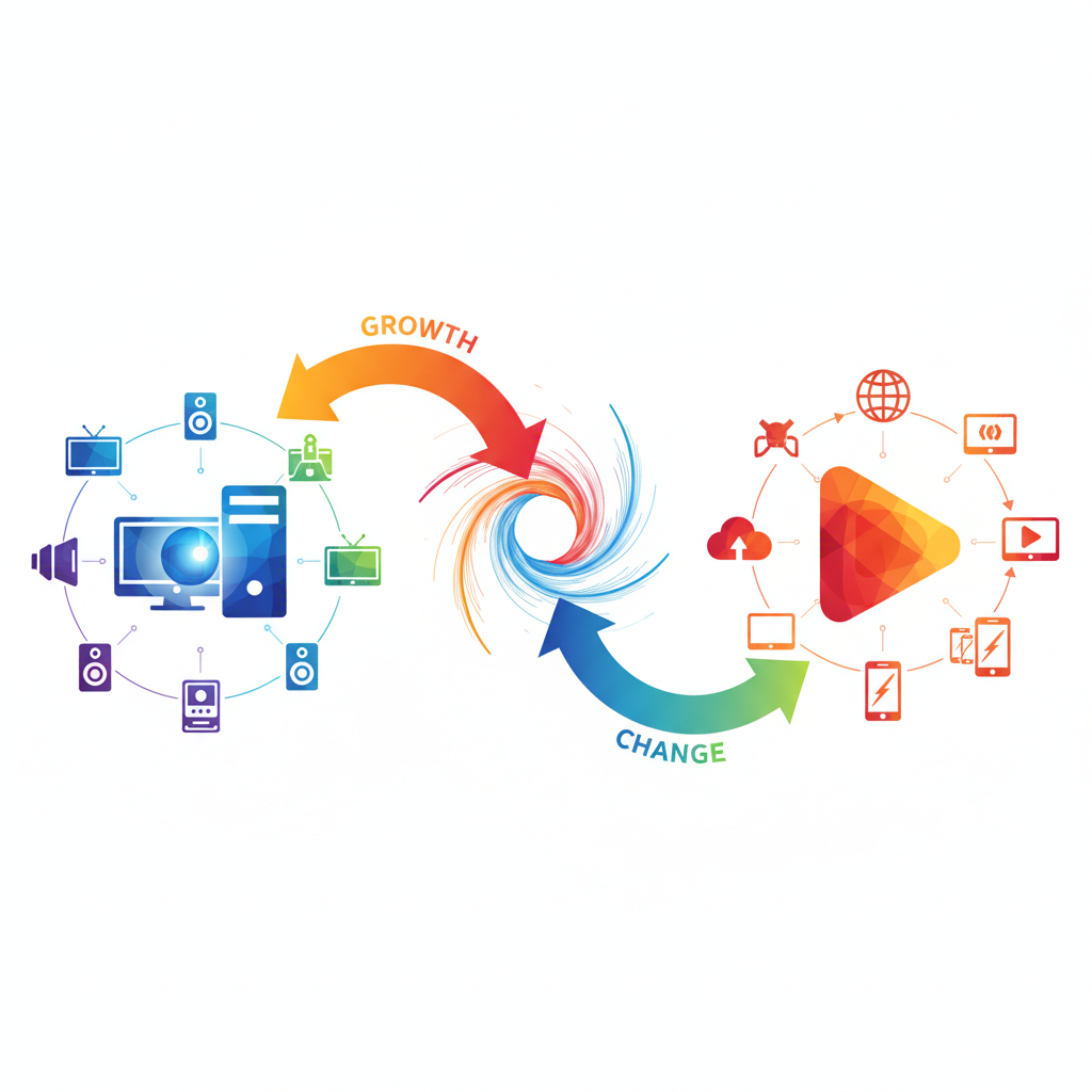 A dynamic infographic showing the evolution of Plex from a personal media server icon to a streaming service icon, with arrows indicating growth and change. It uses bright, contrasting colors and a modern, clean design. Style: clean infographic, modern layout, high contrast. No text.