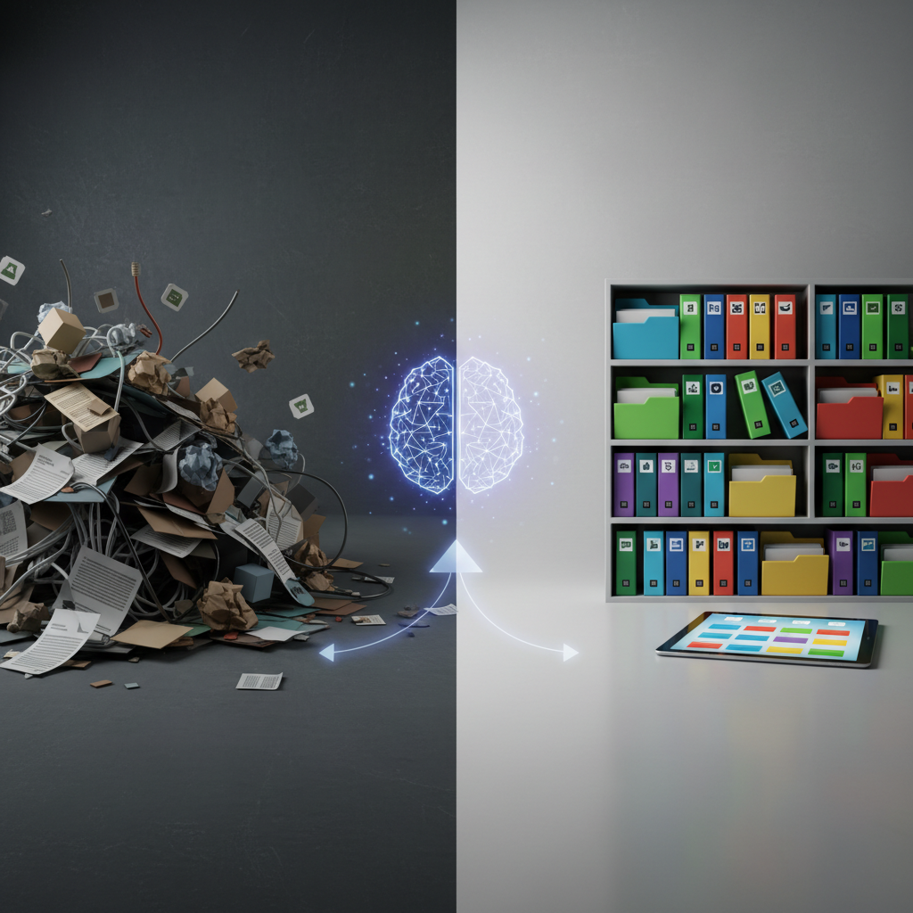 An infographic showing a transformation from a messy pile of digital documents and files on one side to a neatly organized, color-coded digital library on the other, with an AI brain icon in the middle symbolizing smart processing. Modern layout, high contrast, textured background with soft lighting. No visible text.