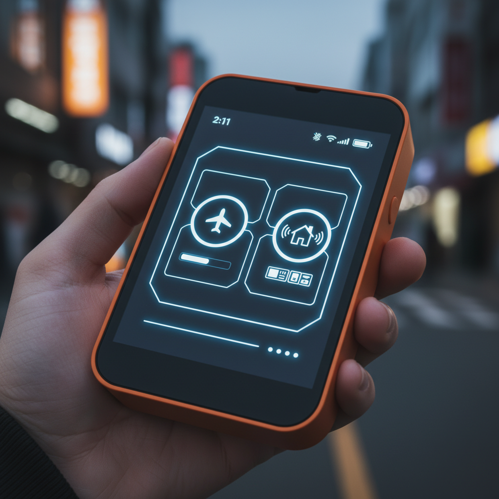 A Korean user interacting with a retro-styled Rabbit R1 handheld device. The device screen shows a simplified interface for booking a flight or controlling a smart home app, with clean and futuristic design elements. Style: clean infographic, modern layout, high contrast. No visible text.