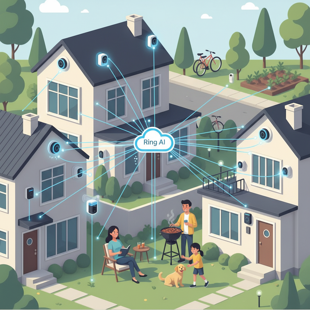 A modern, clean infographic illustrating a safe neighborhood enhanced by Ring AI. Show various smart home devices subtly integrated into houses, with AI-driven insights flowing between them. A family with Korean appearance is calmly enjoying their yard. The background is a vibrant, peaceful suburban street with soft lighting. No visible text, charts, or graphs.