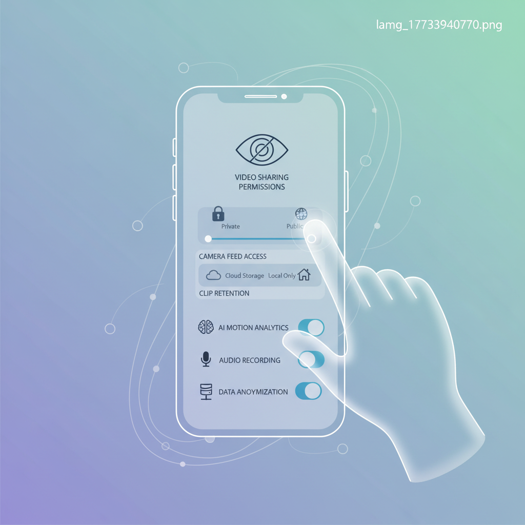 A clean infographic illustrating privacy settings for Ring AI. Show a hand interacting with a smartphone screen displaying clear, intuitive options for video sharing permissions and data control. The background is a soft, gradient color, emphasizing user control over their smart home data. No visible text, charts, or graphs.