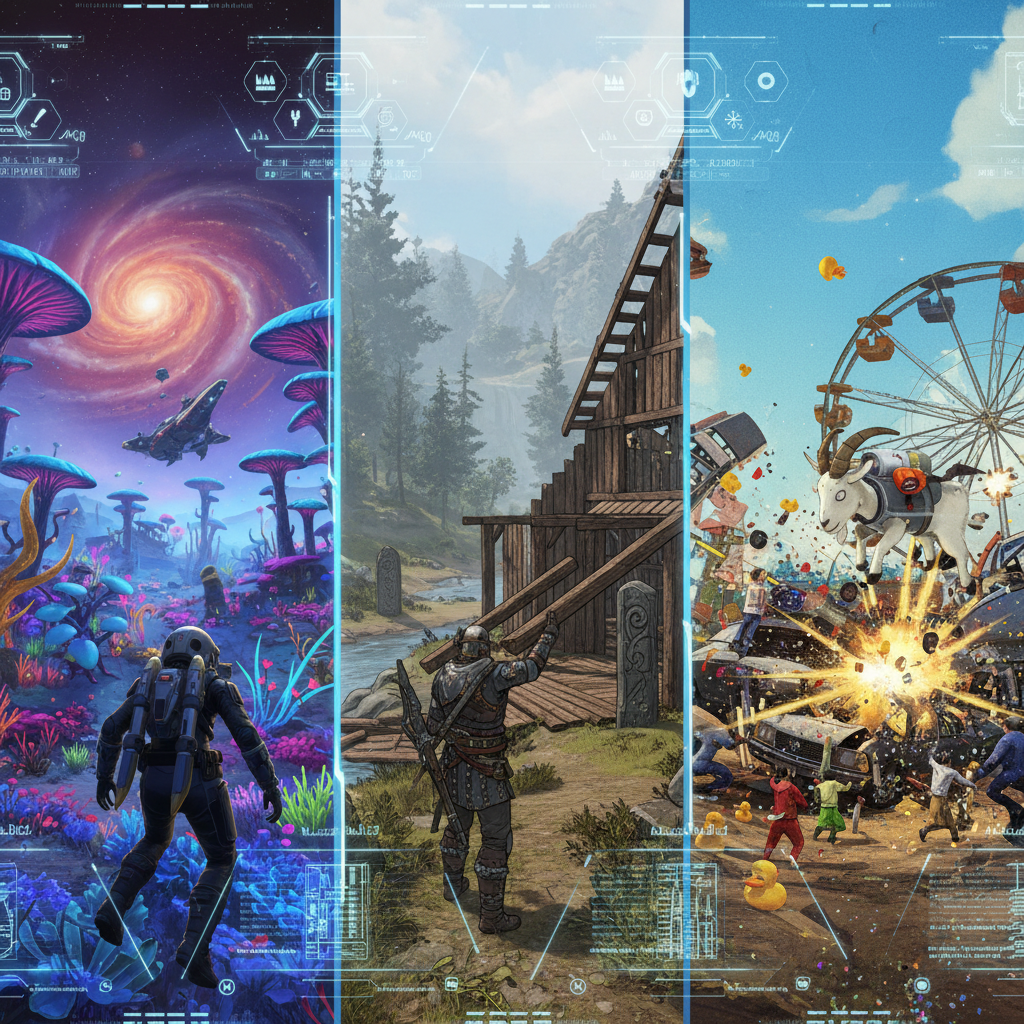 A dynamic split-screen image showing an AI agent's perspective playing three different video games: No Man's Sky (exploring a vibrant alien planet), Valheim (building a structure in a Viking-themed world), and Goat Simulator 3 (causing comical chaos as a goat). The AI agent's interface is subtly visible. Each scene is detailed with a colored, textured background. No text.