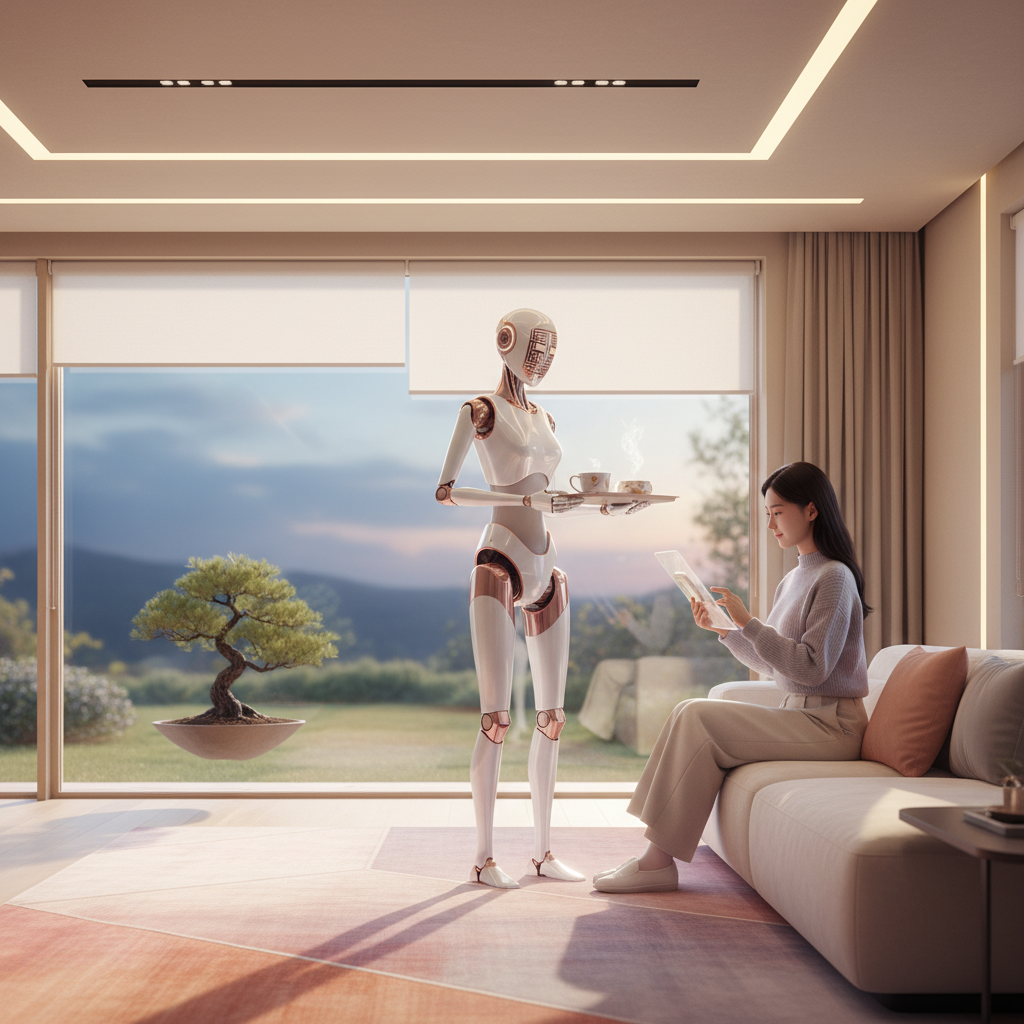 A futuristic, sleek robot with a Korean appearance in a modern, smart home setting, subtly assisting a person. The scene emanates warmth and efficiency, showcasing seamless human-robot interaction. The background is a clean, minimalist room with warm, natural lighting. No text, gradient colored background.