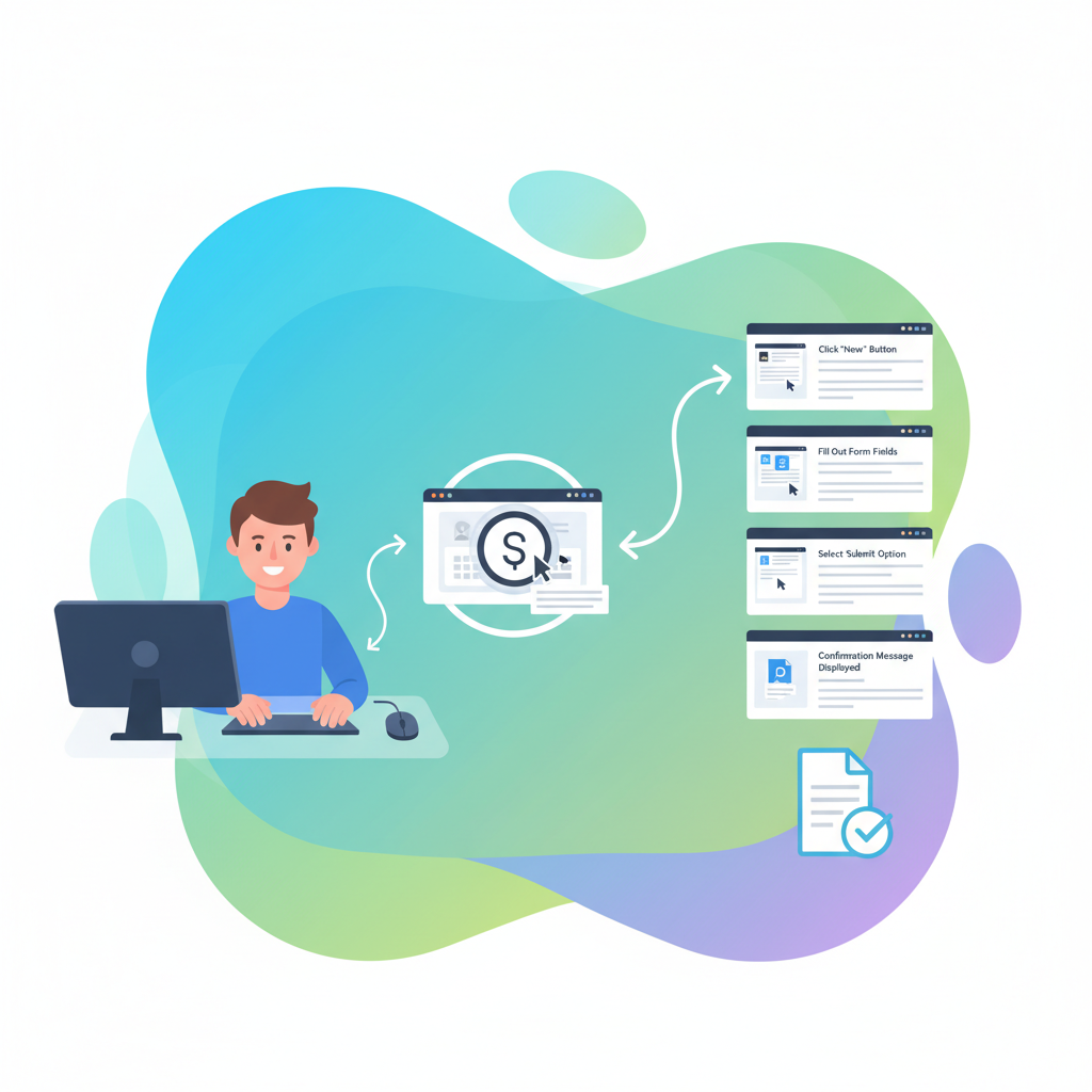 An infographic showing Scribe Capture's simplified workflow documentation process, with a user performing tasks and the software automatically generating step-by-step guides with text and screenshots. Clean, modern, colored background, no text.