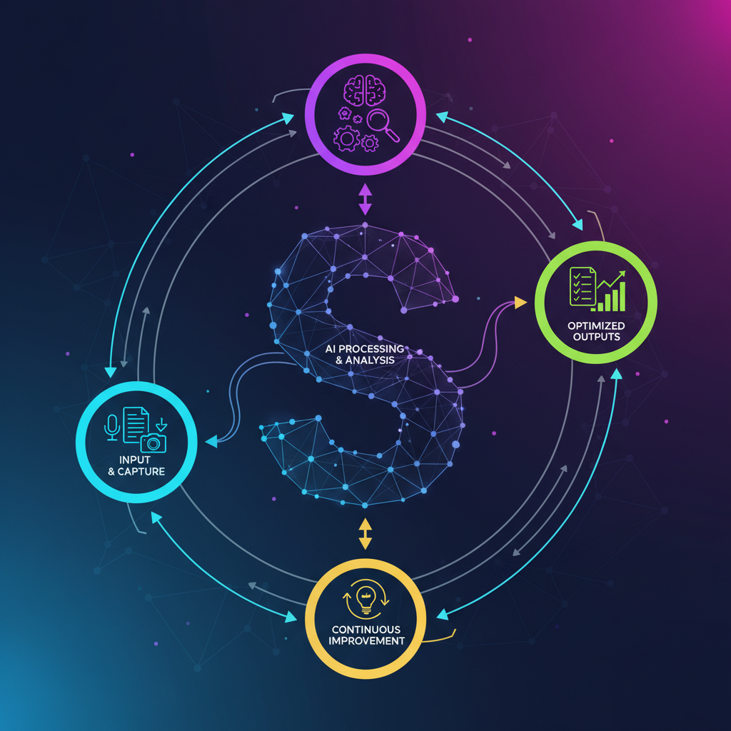 An infographic illustrating Scribe's AI-driven workflow optimization, showing interconnected processes, data flow, and efficiency gains. Clean layout, modern design, high contrast, colored background, no text.