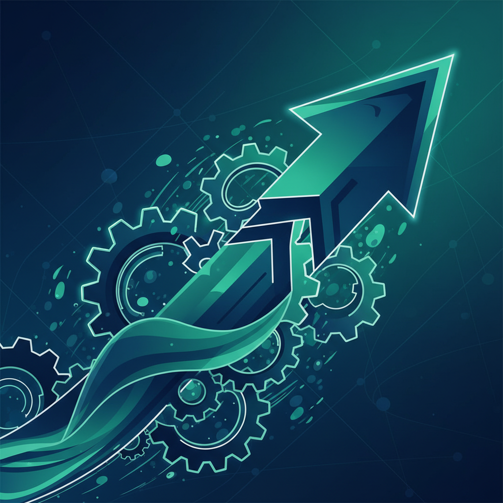 clean infographic, modern layout, high contrast. A stylized representation of rapid growth, with an upward-trending arrow and abstract gears. Dominant colors are blues and greens with subtle gradients. No visible text, no graphs/charts. Textured background, minimal empty space. Focus on dynamic movement.