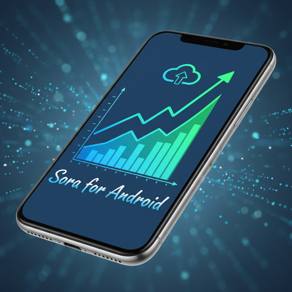 A vibrant line graph showing a sharp increase in app downloads for "Sora for Android" on a smartphone screen, with a clear upward trend. The image conveys rapid growth. Style: clean infographic. No text.
