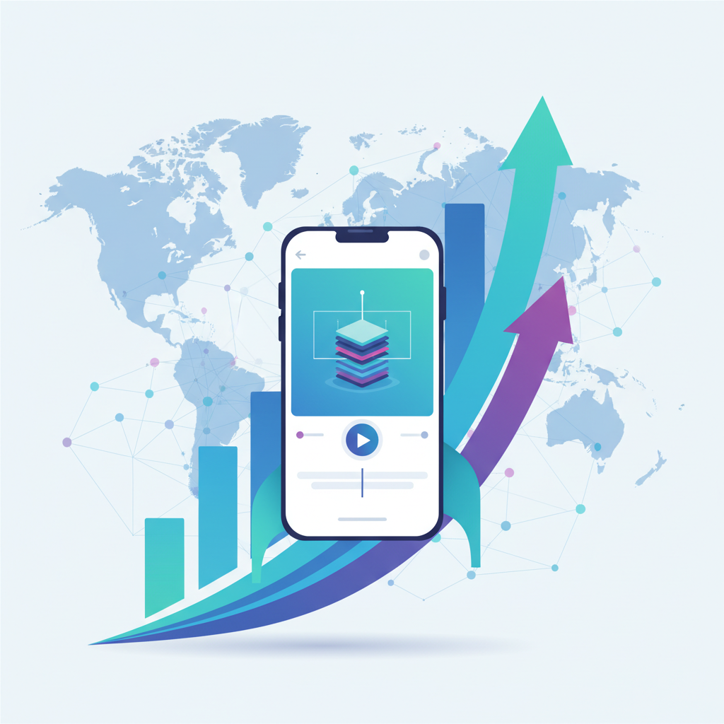 A dynamic infographic illustrating the rapid growth of Sora for Android app downloads, with a smartphone displaying a video creation interface. The background shows abstract AI network lines. Style: clean infographic. No text.