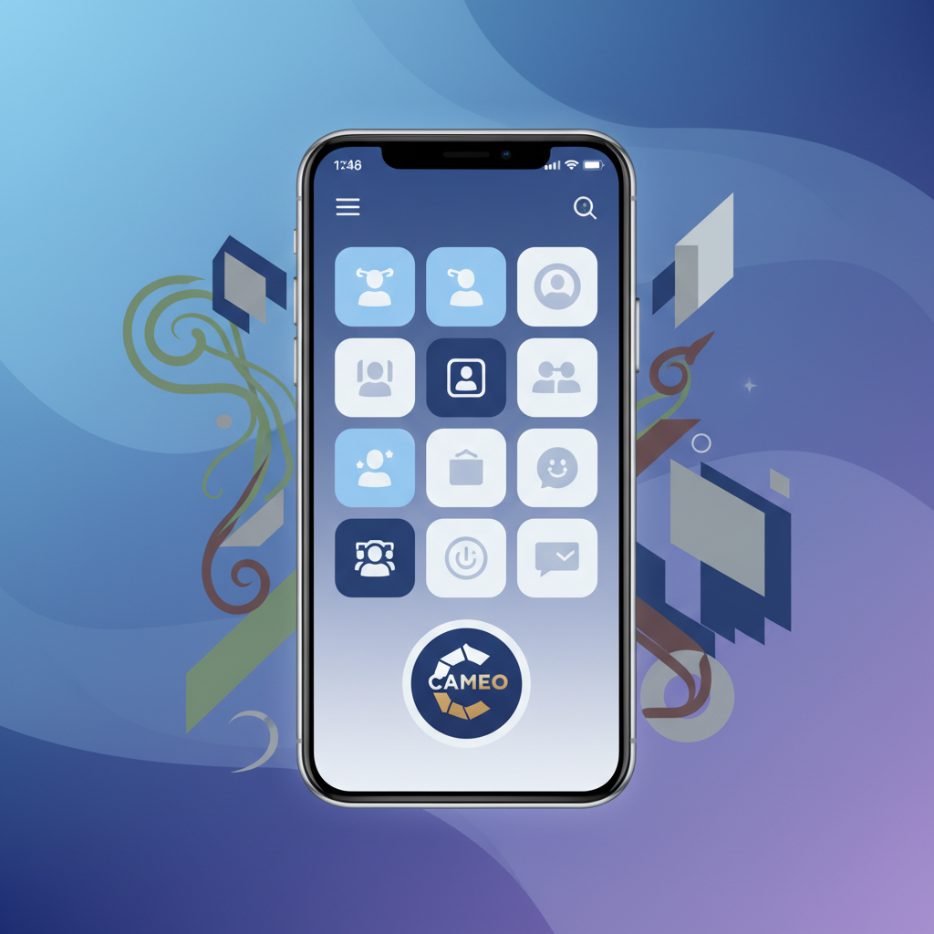A modern, clean infographic showing a smartphone screen displaying a fictional AI social app with a "Cameo" feature icon. Surrounding the phone are subtle, abstract representations of ethical debates and legal documents, all against a gradient background. No visible text on the screen or surrounding elements, except for the "Cameo" icon which should be abstractly represented as a logo. Style: clean infographic, modern layout, high contrast. No text.