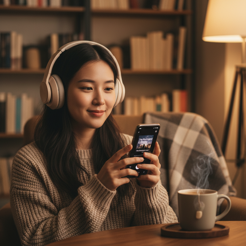A person wearing headphones listening to an audiobook on a smartphone with Spotify app interface visible, cozy indoor setting with warm lighting, modern lifestyle photography, soft focus background with books and coffee, Korean appearance, natural expression, centered composition, no text