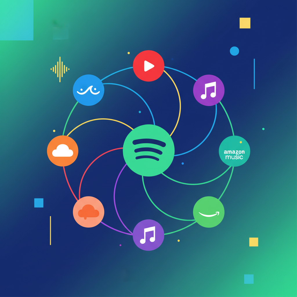 Clean infographic showing seamless music transfer between different streaming service logos to a Spotify logo. Modern layout, high contrast, bright colors, no visible text, colored background.